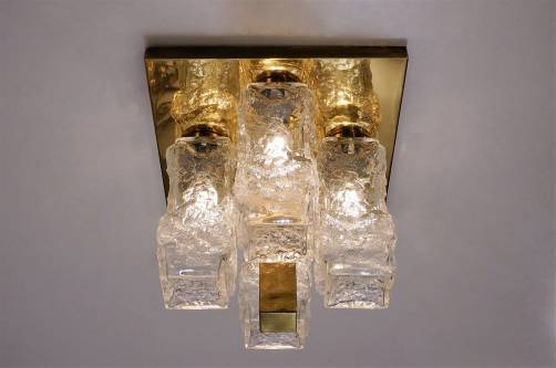 Hillebrand Lighting, brutalist flush light, brass & ice effect glass, 1978, German